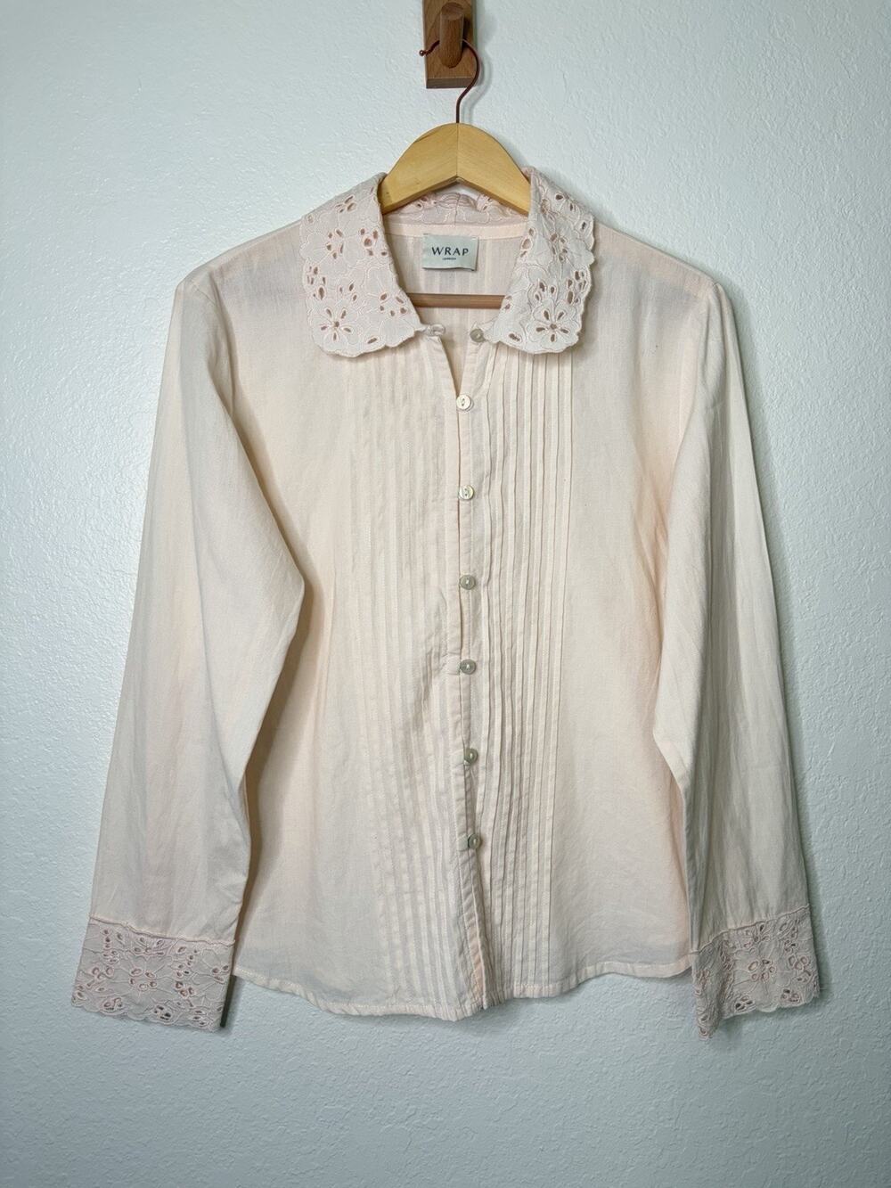 Wrap London Eyelet Pintuck Button Up Blouse Cotton Pale Pink Size 10 Coquette